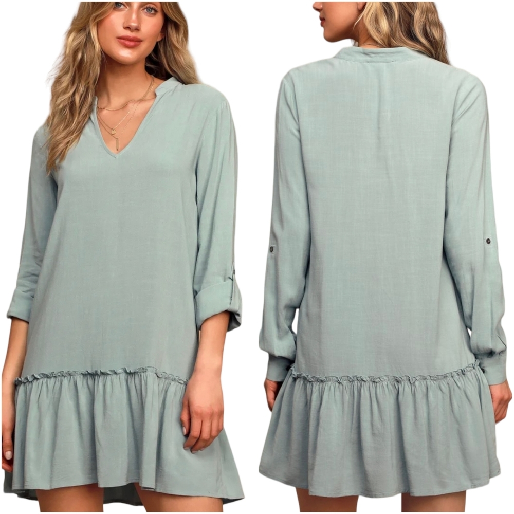 Lulu's Well-Grounded Sage Blue Long Sleeve Ruffled Swing Dress